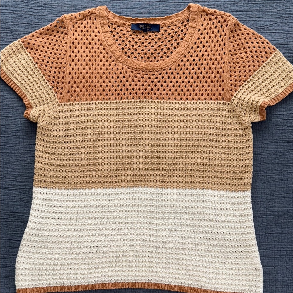 Rachel by Rachel Roy Crochet Knit Top in Tan and Cream EUC L